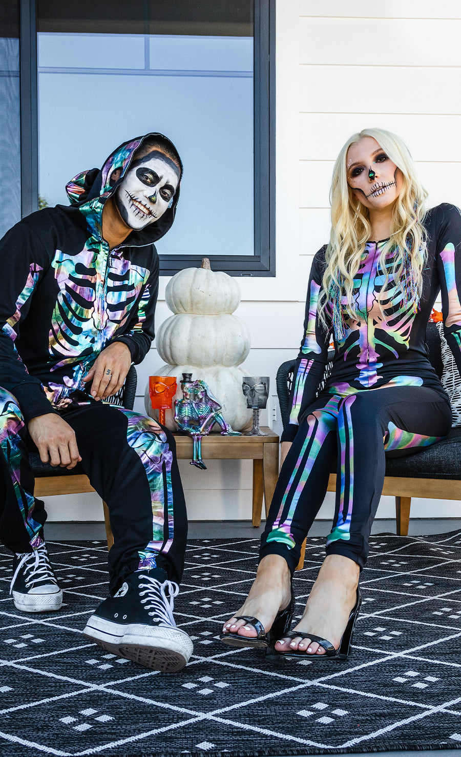 shop couples costumes - men's iridescent skeleton costume and women's iridescent skeleton bodysuit costume