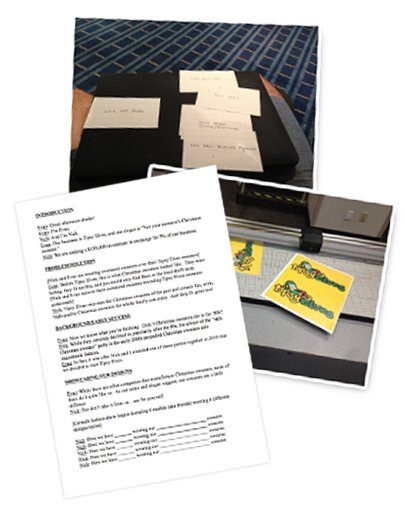 Shark Tank page - image of a script for the Shark Tank Pitch + image of Tipsy Elves stickers