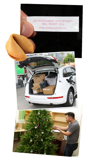 Top - Fortune cookie fortune. Middle - Car full of boxes. Bottom - Tipsy Elves cofounder decorating a christmas tree