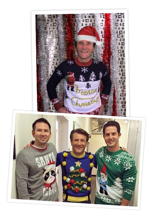 Top - image of robert Herjavec, investor of Tipsy elves. Bottom - Robert Herjavec with the cofounders of Tipsy Elves