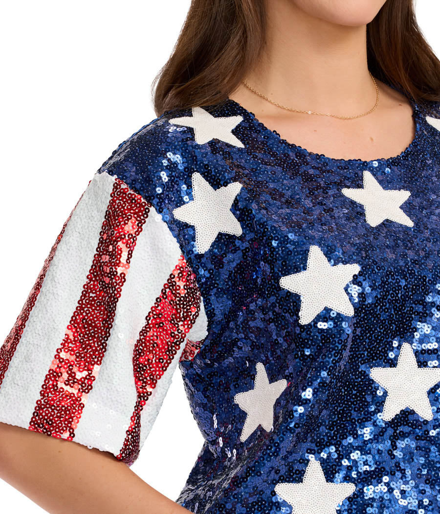 Women's Sequined Stars and Stripes Cropped Tee Image 2